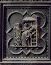 Los discípulos visitan a San Juan Bautista, decimotercer panel de las Puertas Sur del Baptisterio de San Giovanni